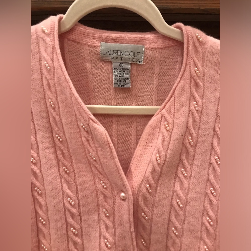LAUREN COLE 70% Lambswool Angora Pearl Embellished Baby Pink Knit Cardigan - MP - Picture 6 of 10